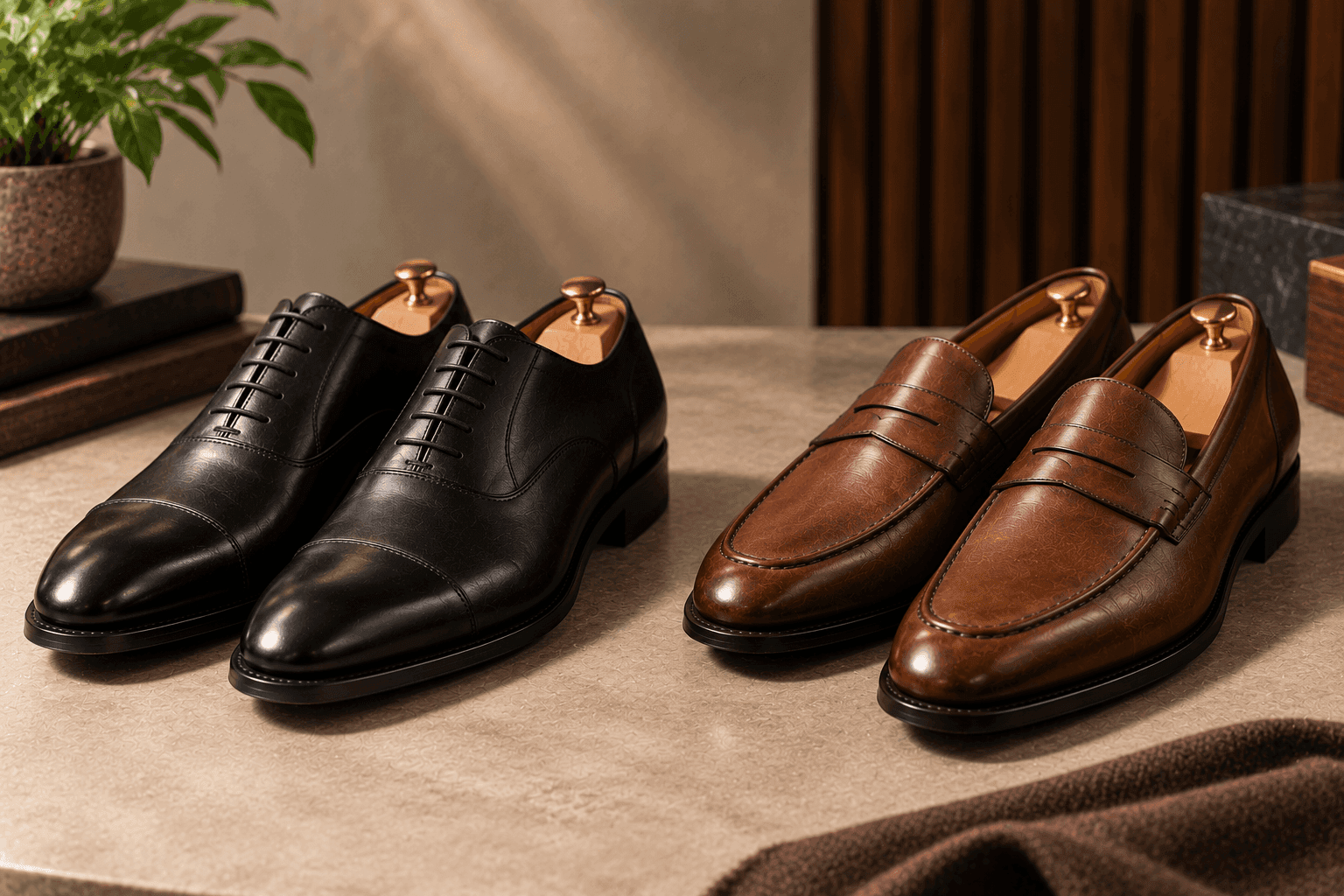Black leather Oxford shoes and brown loafers compared side by side