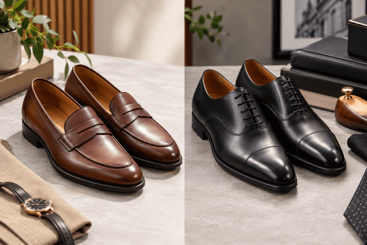 Leather loafers and Oxford shoes compared side by side