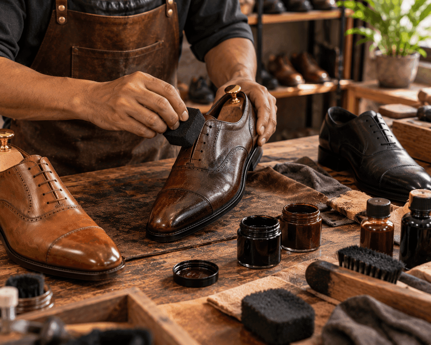 Leather shoes being carefully recolored with leather dye