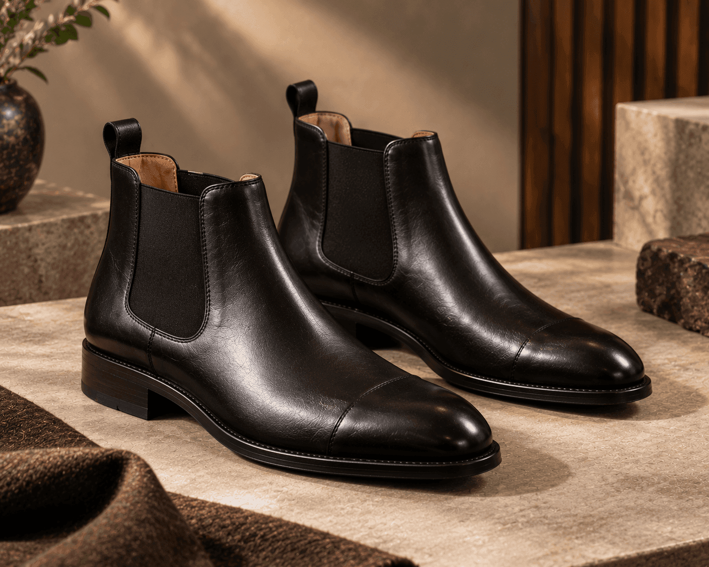 Premium black leather Pom Pom Chelsea Boots with elastic side panels