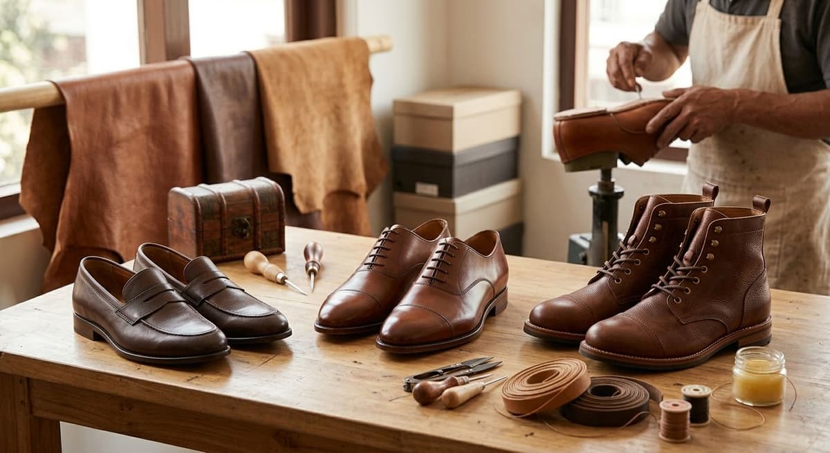 Handcrafted Nepali leather shoes displayed in an artisan workshop